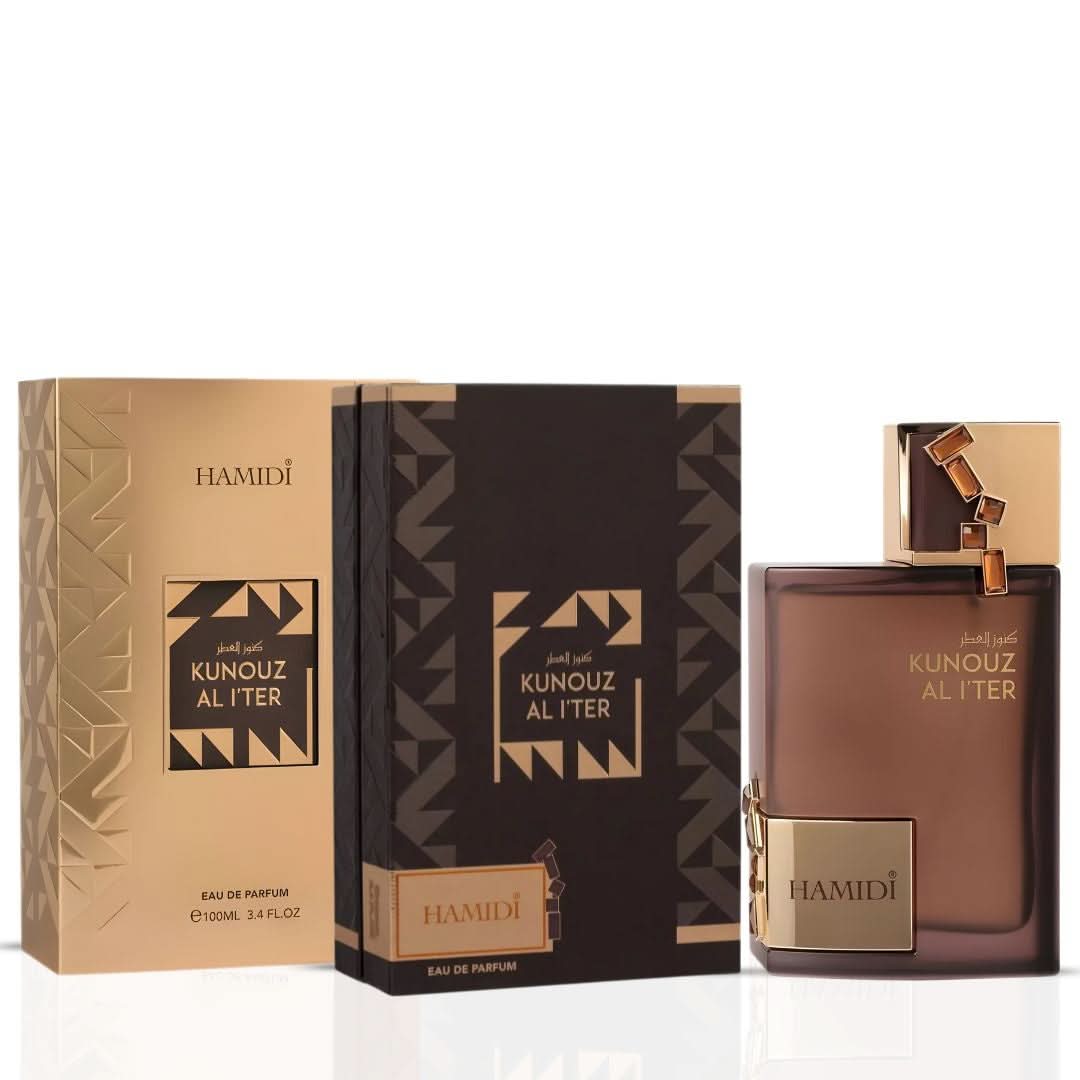 Kunouz Al Iter Eau de Parfum spray by Hamidi, 100ml, featuring the elegant perfume bottle with a sleek design and gold accents.