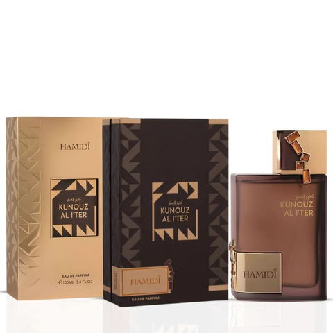 Kunouz Al Iter Eau de Parfum spray by Hamidi, 100ml, featuring the elegant perfume bottle with a sleek design and gold accents.