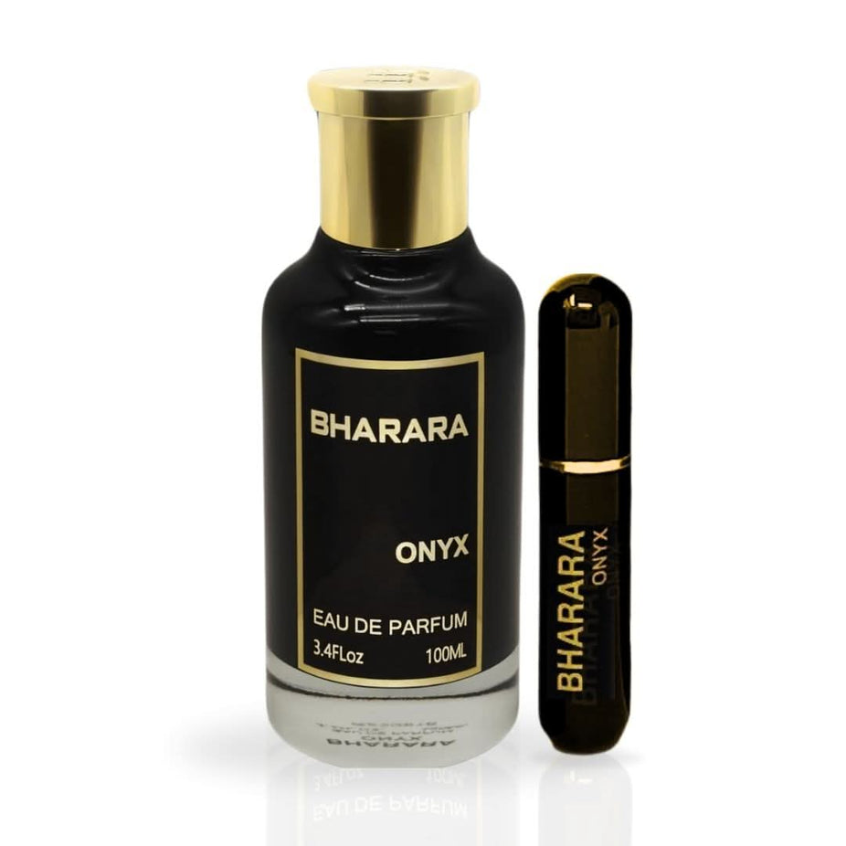 Bharara Onyx Eau de Parfum spray bottle, 100ml, with sleek black packaging and elegant design.