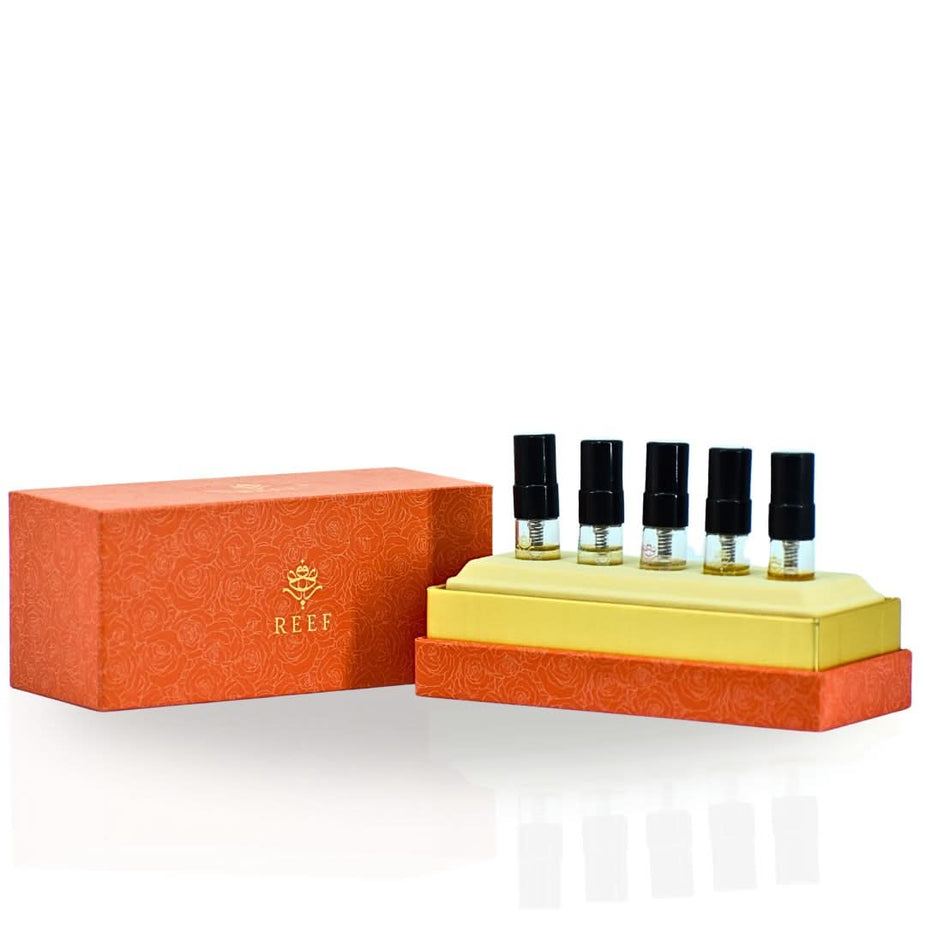 Set of five Reef Perfumes Eau De Parfum sprays including Reef 19, Reef 33, Summer Tiffany, Summer Pink, and Summer Yellow in 3ml bottles.