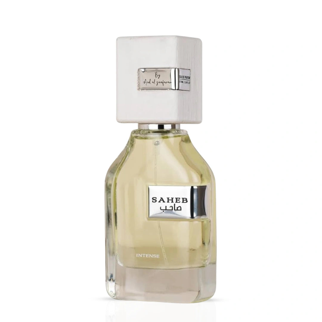 Ard Al Zaafaran Saheb Intense Eau de Parfum spray 70ml bottle with elegant design, showcasing the perfume container.