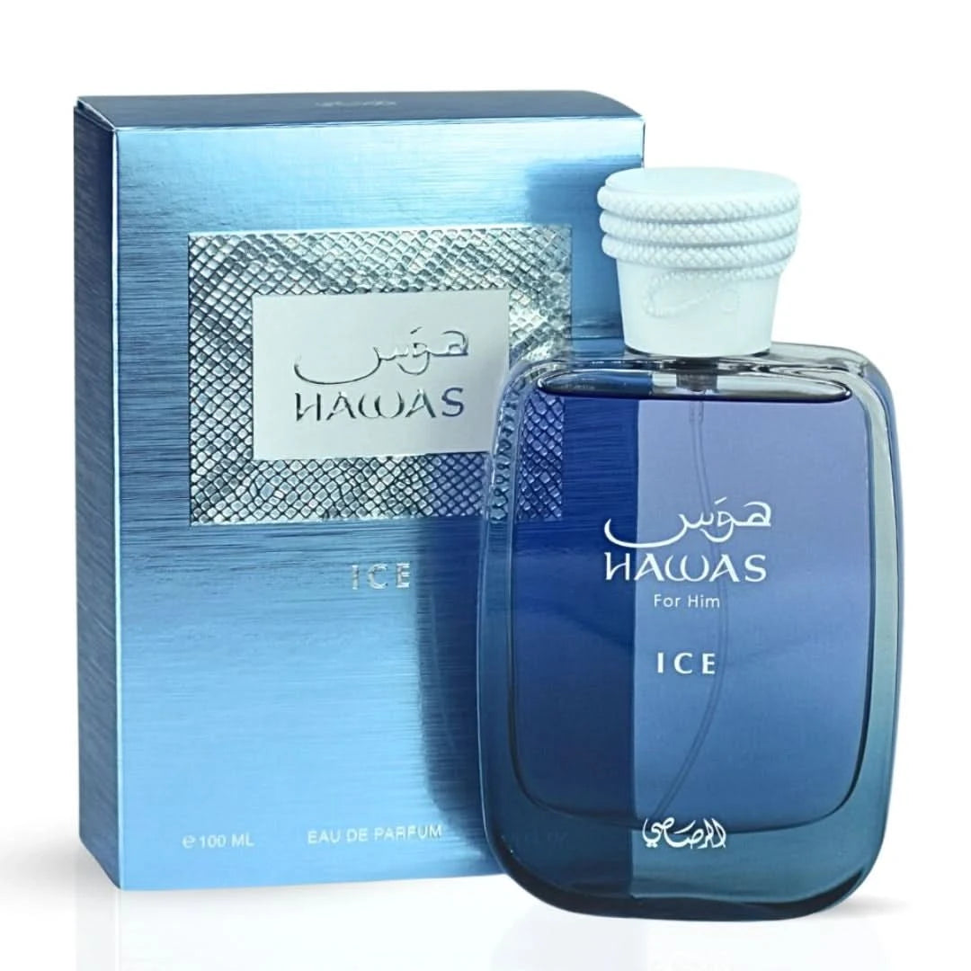 Rasasi Hawas Ice for Him and Hawas Pink for Her 100ml perfume sprays in a bundled set, featuring sleek bottles with elegant designs.