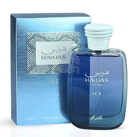 Rasasi Hawas Ice for Him and Hawas Pink for Her 100ml perfume sprays in a bundled set, featuring sleek bottles with elegant designs.
