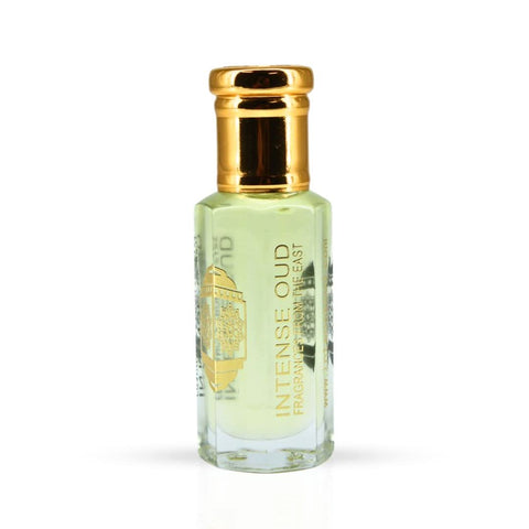 Intense Oud Rose Musk perfume oil 12ml in black gift box, featuring a clear glass bottle with a black cap and elegant packaging.
