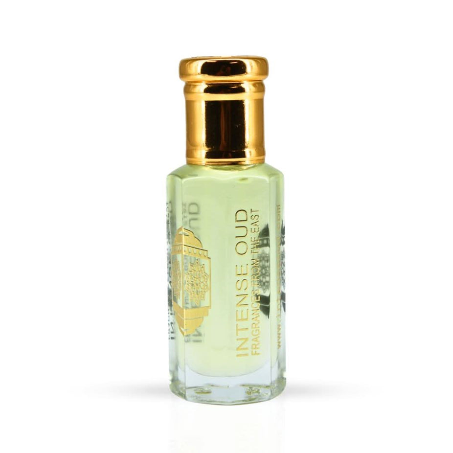 Intense Oud Rose Musk perfume oil 12ml in black gift box, featuring a clear glass bottle with a black cap and elegant packaging.