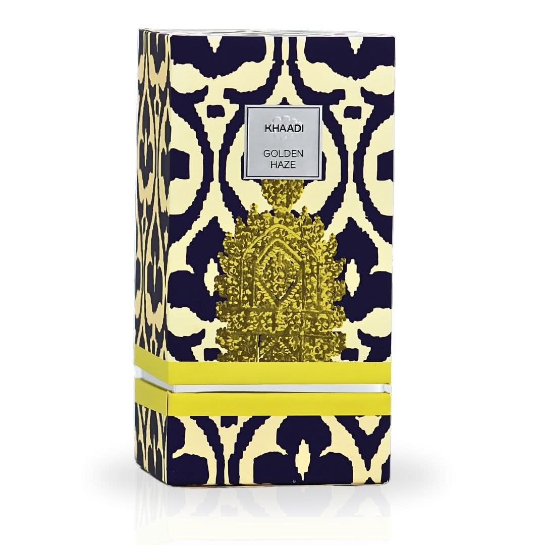 Golden Haze Eau de Parfum spray by Khaadi, 100ml bottle with elegant gold packaging and floral accents.