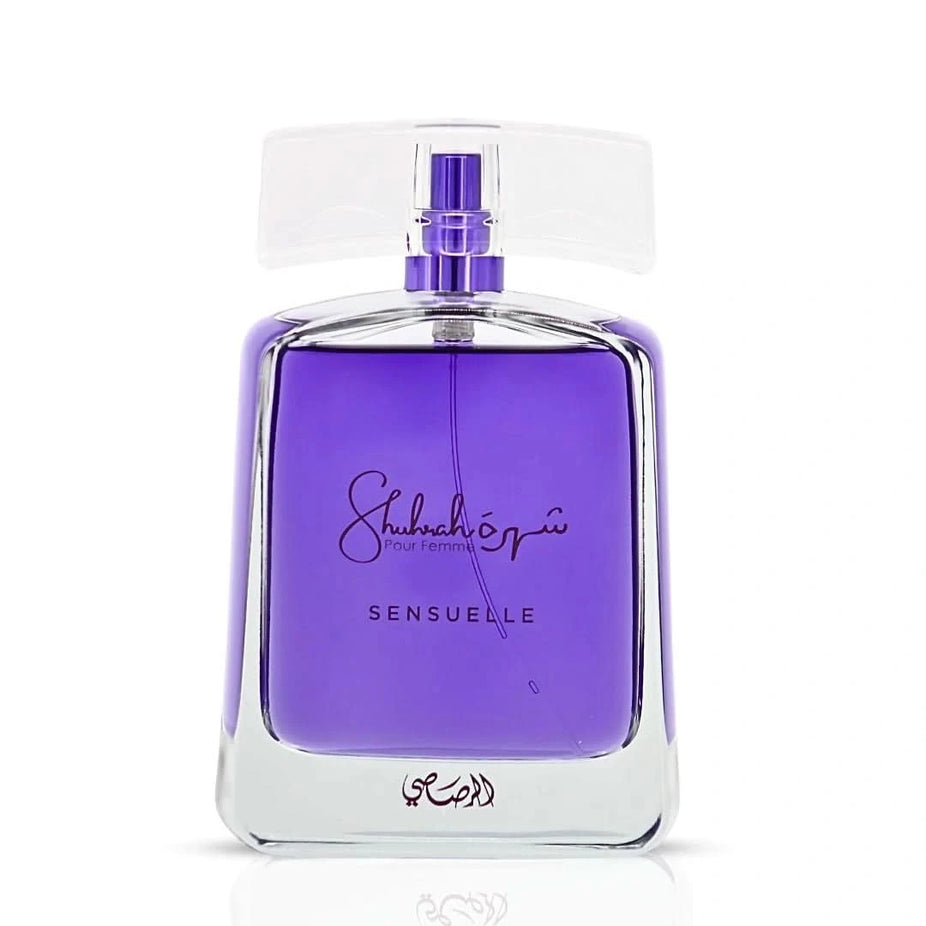 Rasasi Shuhrah Sensuelle Pour Femme Eau de Parfum spray 90ml bottle with elegant packaging and fragrance details.