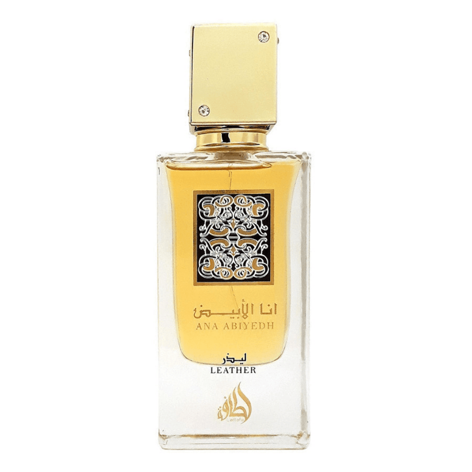 Lattafa Ana Abiyedh Leather Eau De Parfum 60ML bottle with elegant packaging and black leather accents.