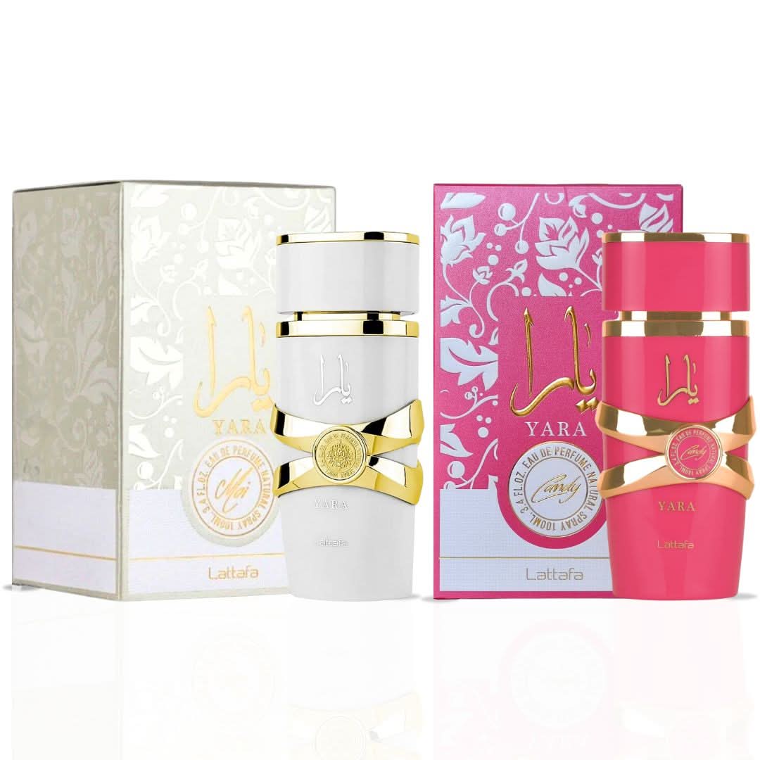 Lattafa Yara Candy and Yara Moi Eau de Parfum spray bundle, 100ml each, featuring elegant perfume bottles in a stylish display.