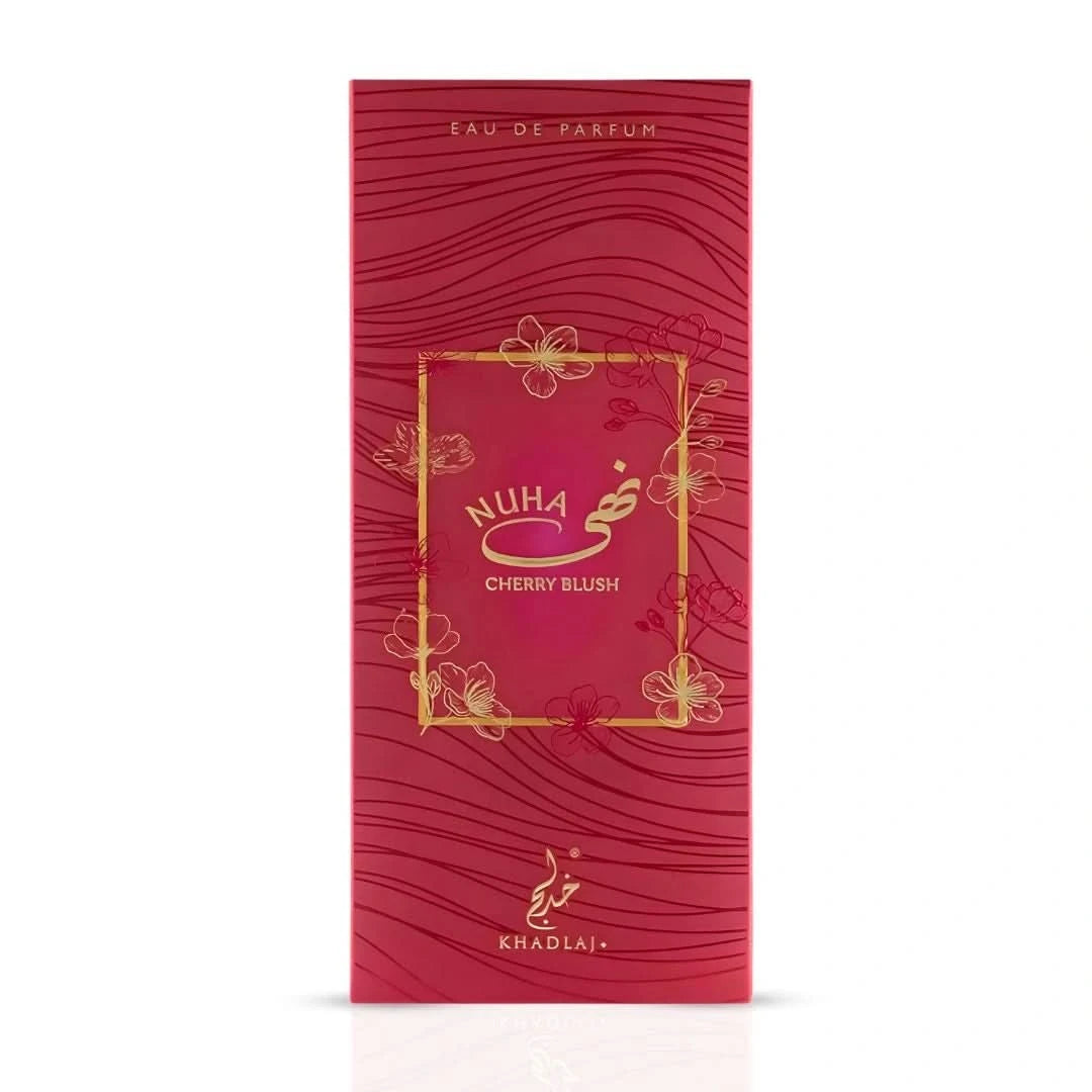 Khadlaj Nuha Cherry Blush Eau de Parfum spray 85ml bottle with elegant design and cherry blossom accents.