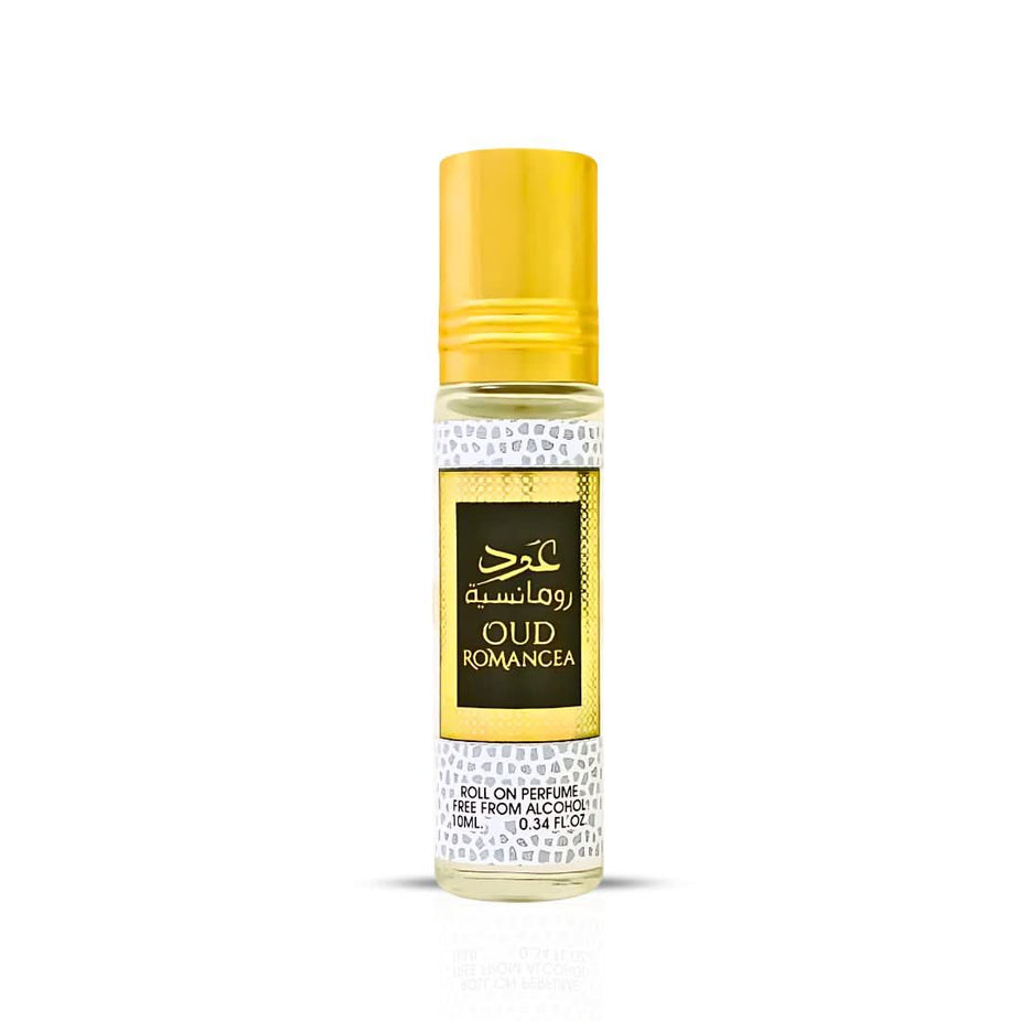 Three 10ml bottles of Oud Romancea concentrated perfume oil by Ard Al Zaafaran, featuring elegant glass containers with perfume oil.