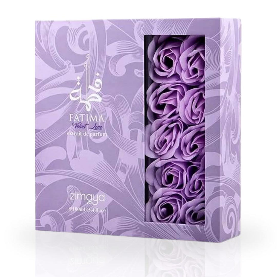 Zimaya Fatima Velvet Love Extrait de Parfum spray bottle, 100ml, with elegant velvet packaging and a sleek perfume bottle design.