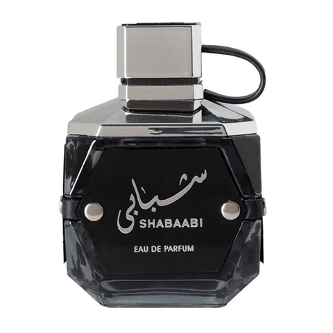 Lattafa Shabaabi for Men EDP 100ML bottle, featuring a sleek design with the fragrance name and brand visible.