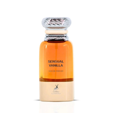 Maison Alhambra Sensual Vanilla Eau de Parfum spray 80ml with velvet pouch, featuring the perfume bottle and elegant packaging.