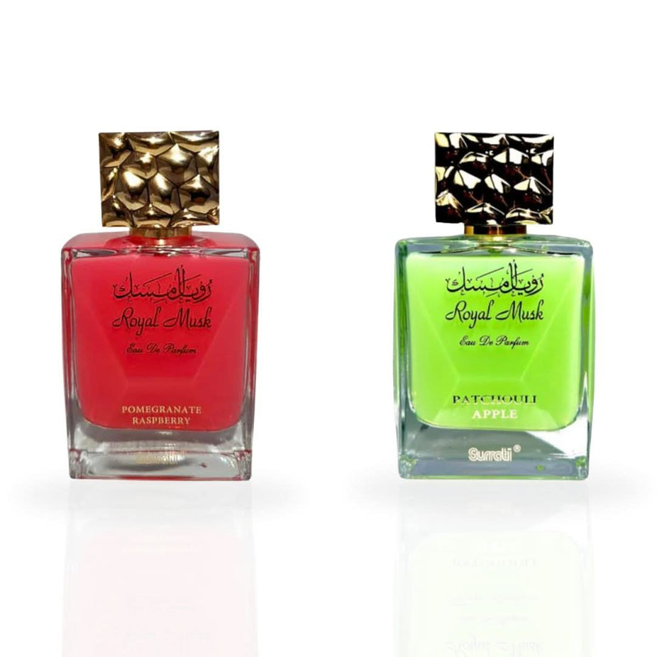 Surrati Royal Musk Pomegranate Raspberry and Patchouli Apple Eau De Parfum sprays in 100ML bottles, featuring elegant perfume bottles.