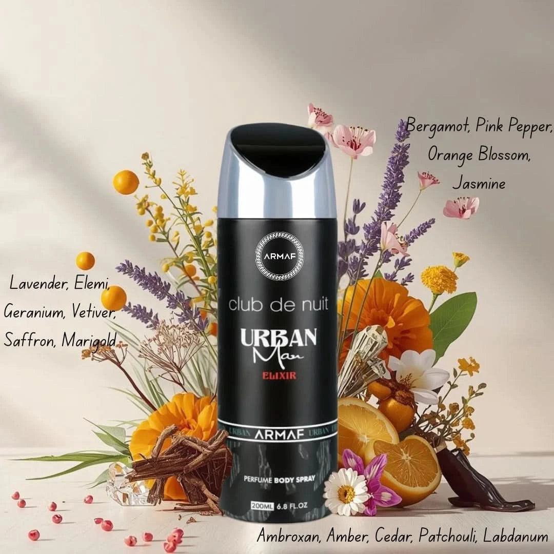 Armaf Club De Nuit Urban Elixir deodorant spray 200ml, featuring sleek packaging and spray nozzle for freshening up.