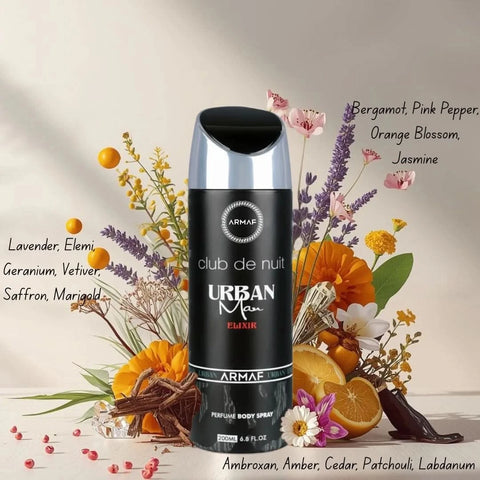 Armaf Club De Nuit Urban Elixir deodorant spray 200ml, featuring sleek packaging and spray nozzle for freshening up.