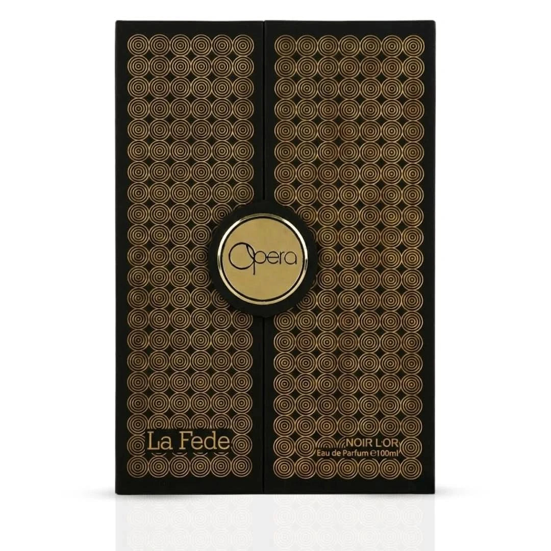 Khadlaj La Fede Opera Noir L'Or Eau de Parfum spray bottle, 100ml, with elegant black packaging and gold accents.