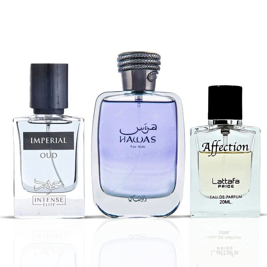 Bundle of three Eau de Parfum sprays including Hawas for Him by Rasasi, Imperial Oud by Intense Oud, and Affection by Lattafa Pride.