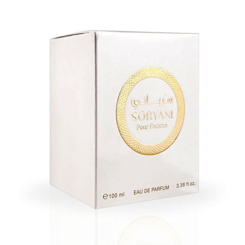 Rasasi Soryani Pour Femme EDP 100ML perfume bottle with floral, citrusy, musky scent, showcasing elegant packaging.