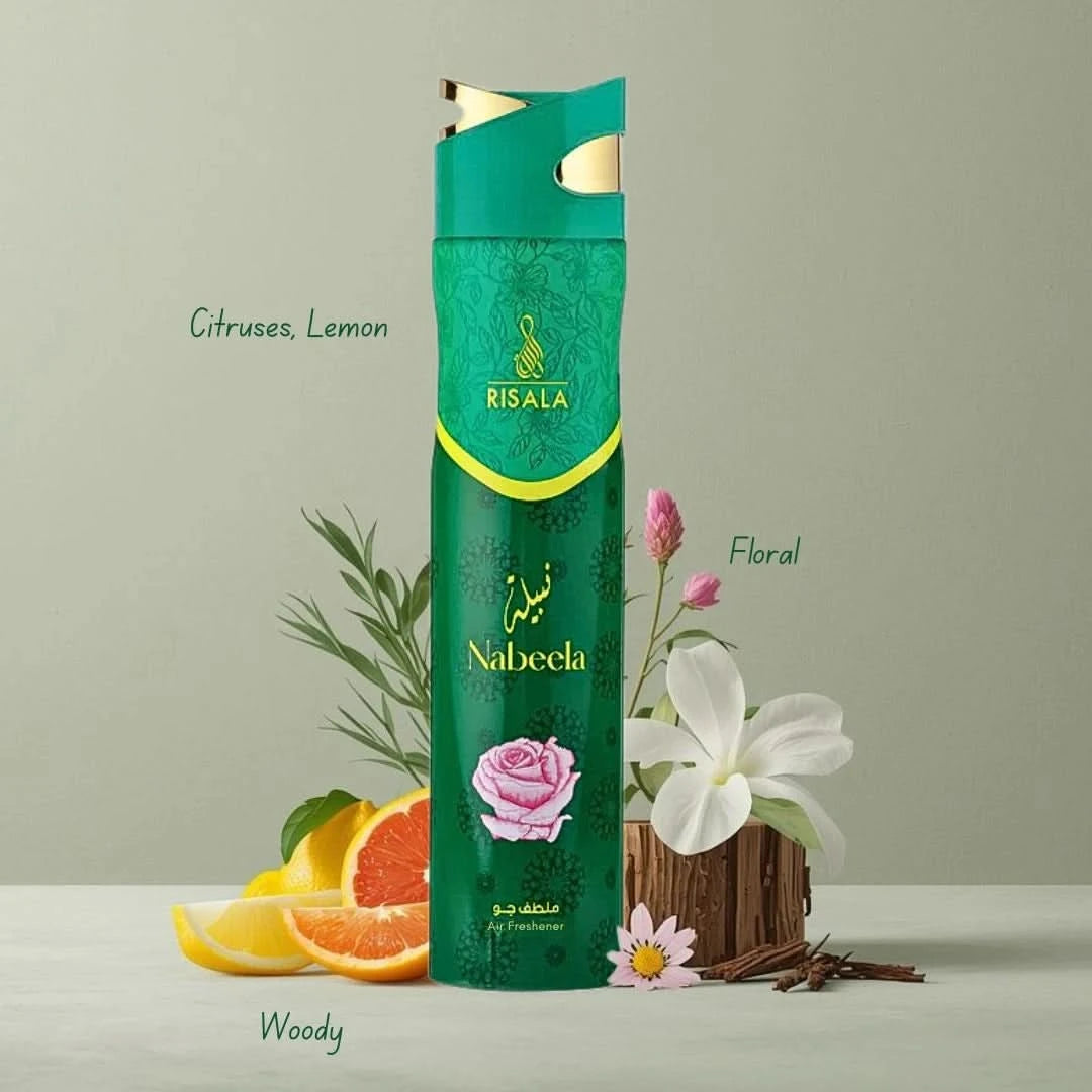 Risala Nabeela Air Freshener 300ml bottle with floral design and spray nozzle, designed to freshen indoor spaces.