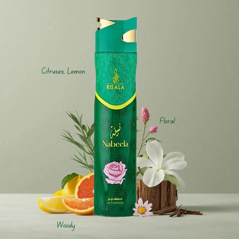 Risala Nabeela Air Freshener 300ml bottle with floral design and spray nozzle, designed to freshen indoor spaces.