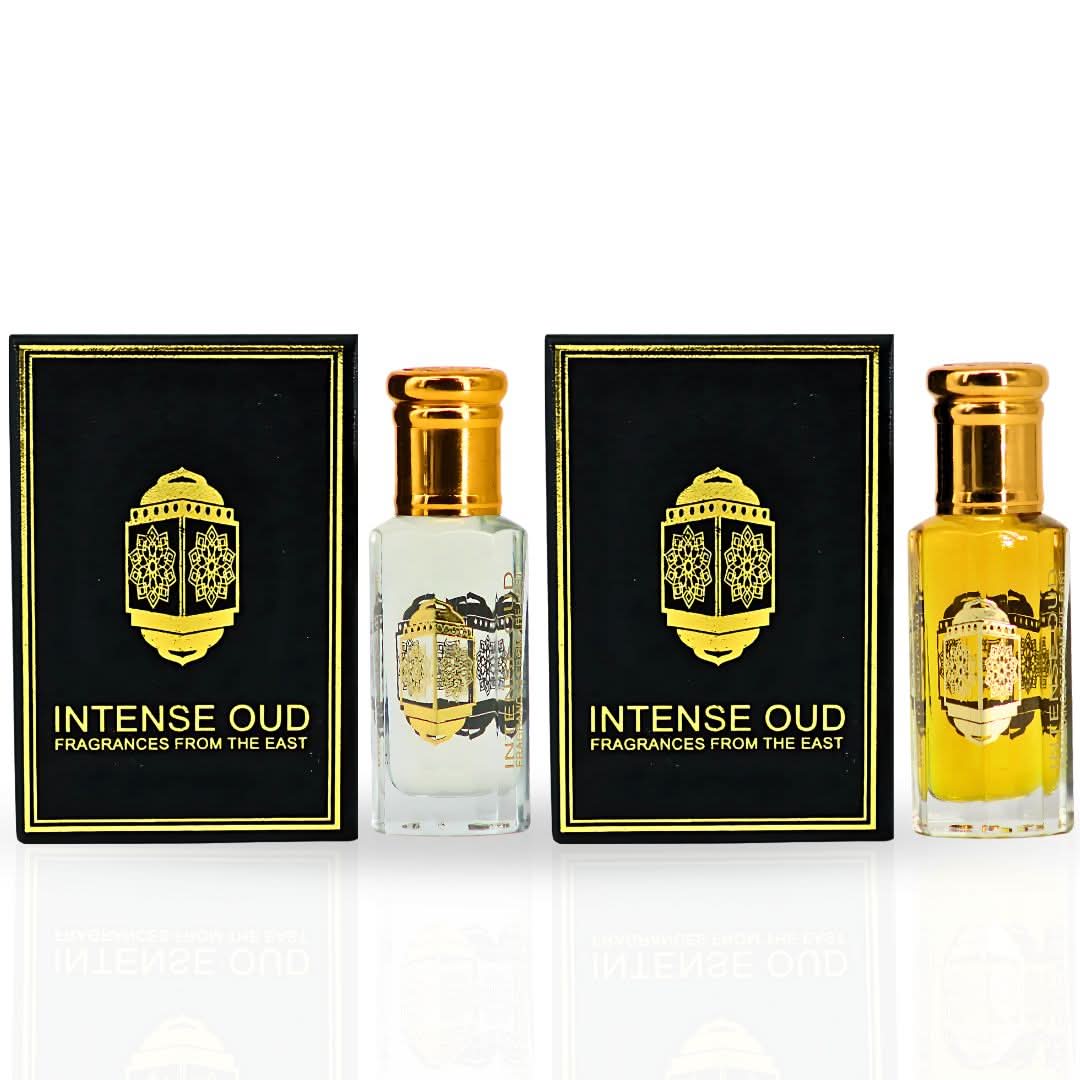 Bundle of two Fawaken & Noble Fruits perfume oils by Intense Oud in 12ml bottles, presented in a stylish black gift box.