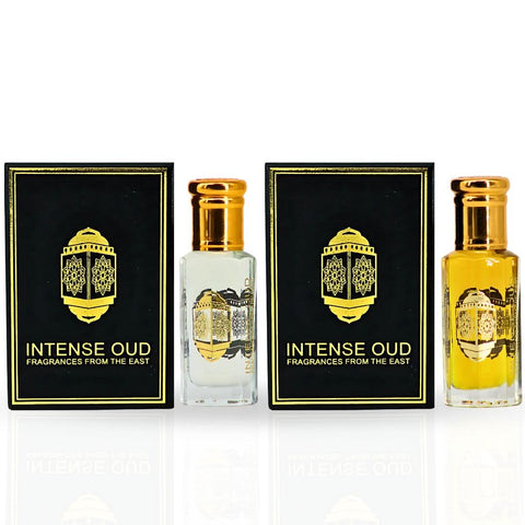 Bundle of two Fawaken & Noble Fruits perfume oils by Intense Oud in 12ml bottles, presented in a stylish black gift box.