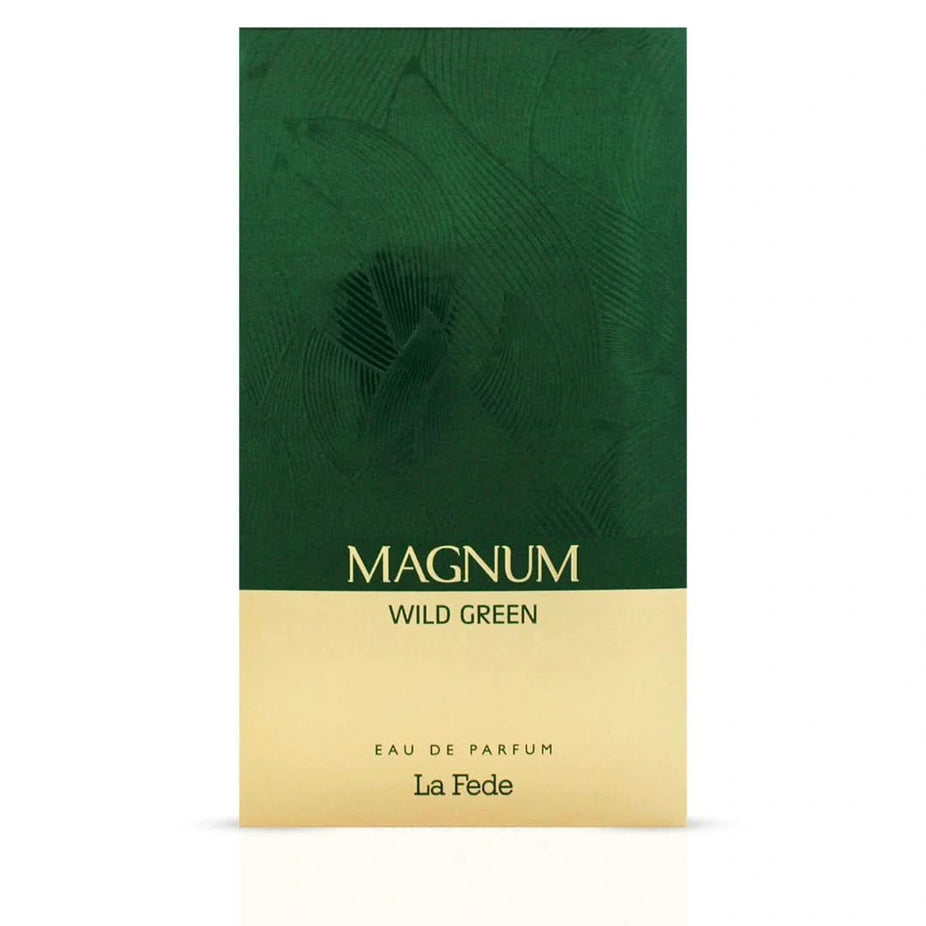 La Fede Magnum Wild Green Eau de Parfum spray by Khadlaj, 100ml, featuring a sleek bottle with vibrant green liquid.