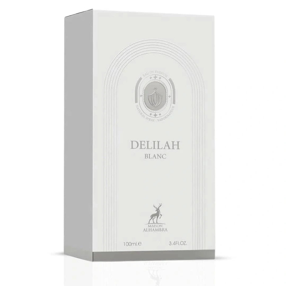 Maison Alhambra Delilah Blanc Eau de Parfum spray 100ml bottle with elegant packaging and floral design.