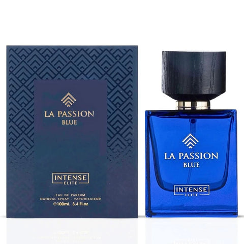 Intense Elite La Passion Blue Eau de Parfum bundle with 100ml and 20ml spray bottles, showcasing the blue fragrance bottles.