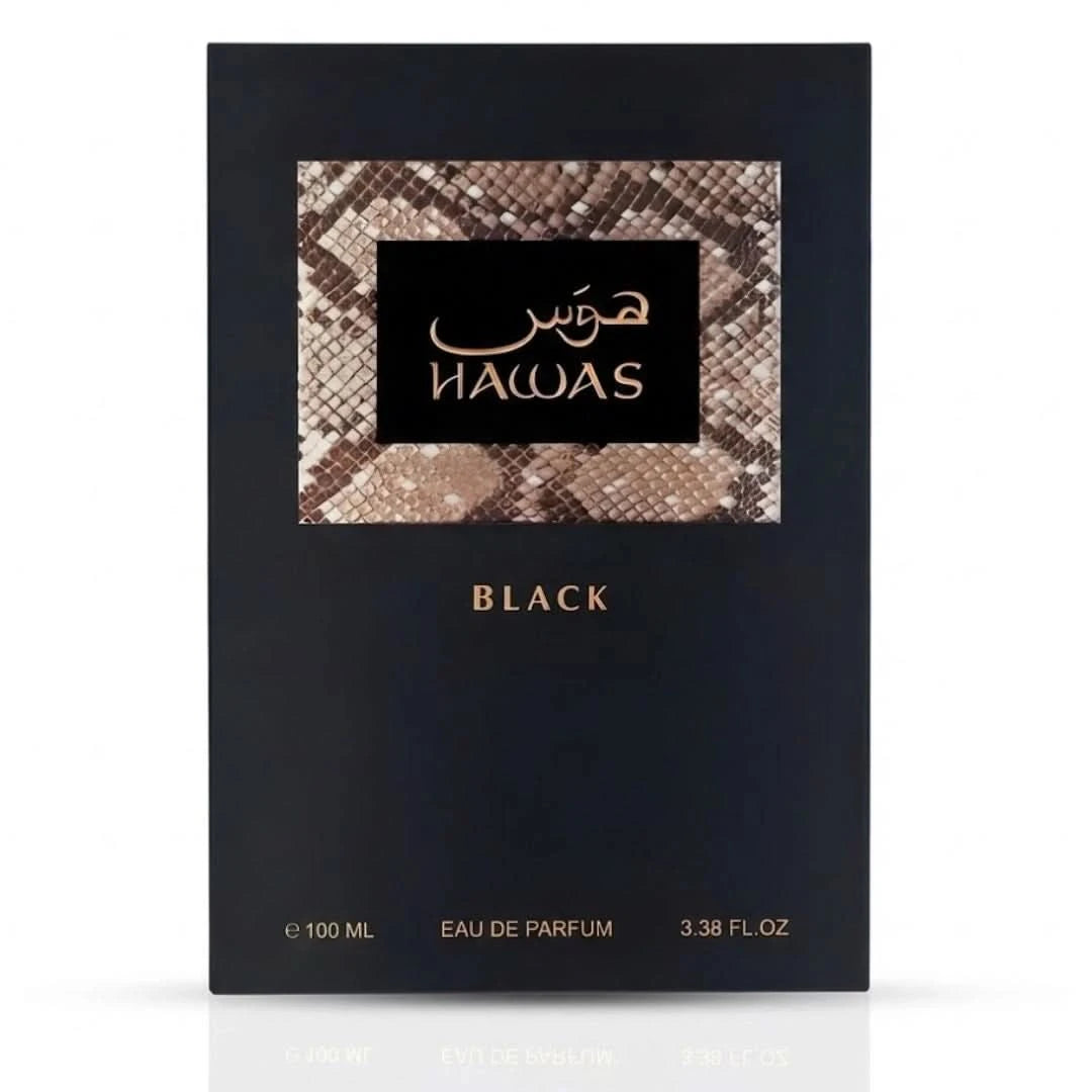 Rasasii Hawas Black Eau de Parfum spray bottle, 100ml, featuring sleek black packaging and elegant design.