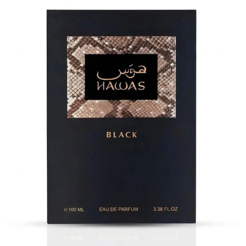Rasasii Hawas Black Eau de Parfum spray bottle, 100ml, featuring sleek black packaging and elegant design.