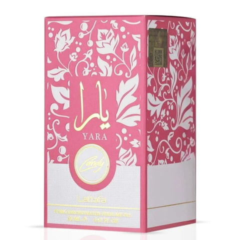 Lattafa Yara Candy Concentrated Perfume Oil 20ml bottle with elegant packaging and gold accents.