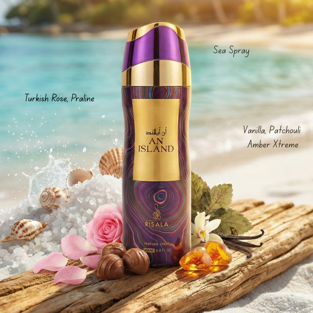 Risala Island Perfumed Body Spray 200ml deodorant bottle with a sleek design and island-inspired fragrance.