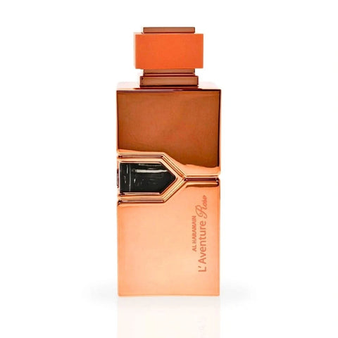 Al Haramain L'Aventure Rose Eau de Parfum spray 200ML with velvet pouch, showcasing the elegant perfume bottle and packaging.