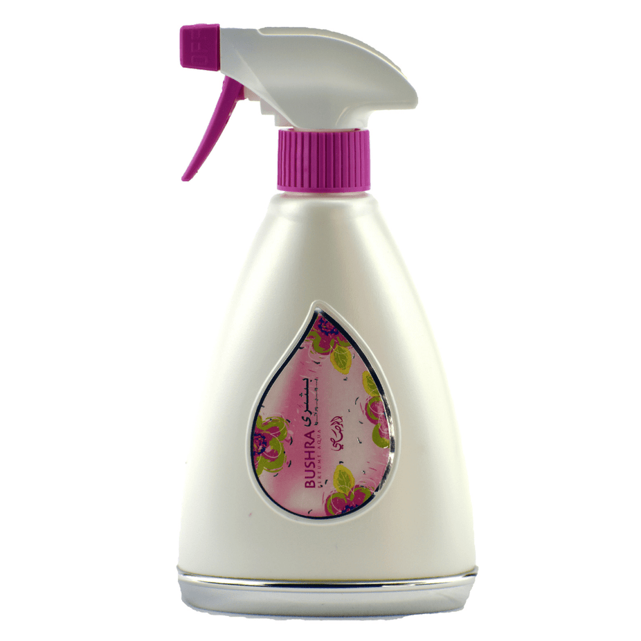 Aqua Bushra air freshener bottle by Rasasi, 375ml, with a sleek design and label visible on the product.