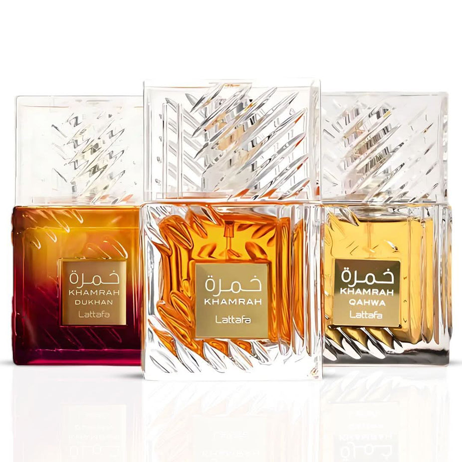 Lattafa Khamrah Eau de Parfum sprays, 100ml bottles from the Khamrah collection, featuring elegant packaging and fragrance details.