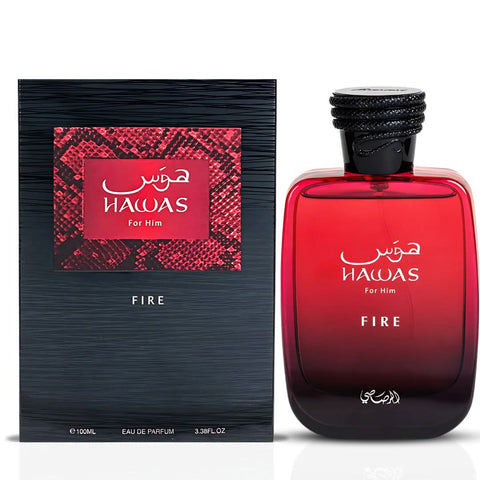 Bundle of three 100ml Eau de Parfum sprays including Hawas Fire by Rasasi, Habik Men by Lattafa, and Naif by Ard Al Zaafaran.