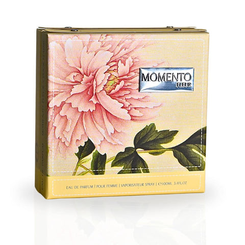 Armaf Momento Fleur Eau De Parfum spray 100ML with elegant floral design and a clear glass bottle.