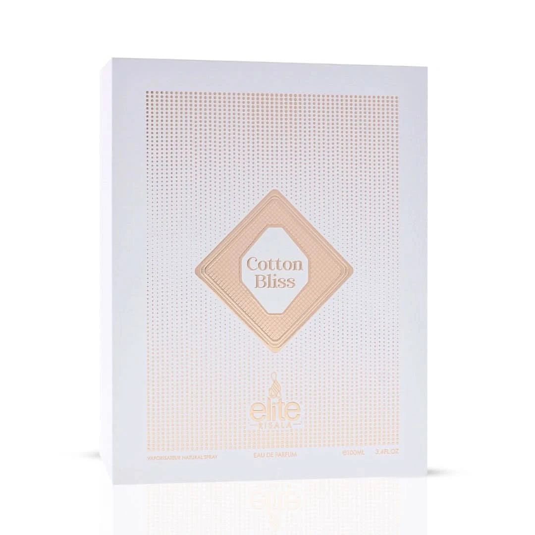 Elite Risala Cotton Bliss Eau de Parfum spray 100ml bottle with elegant packaging and floral design.