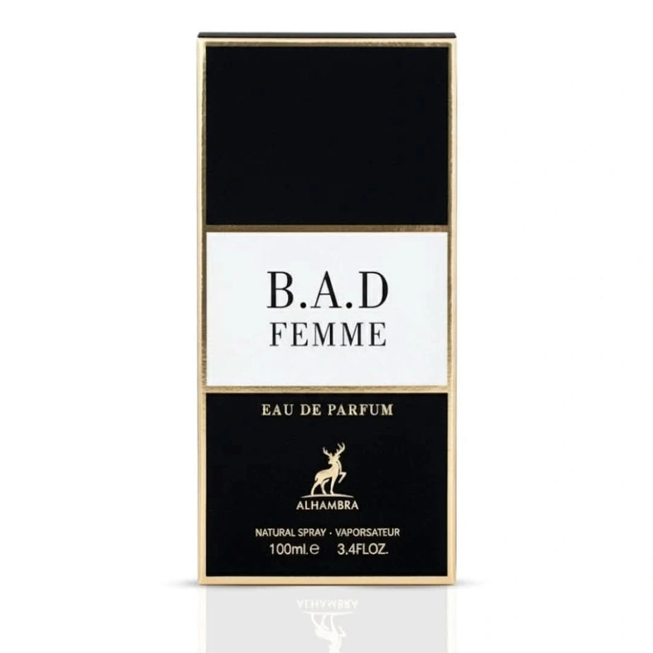 Maison Alhambra B.A.D. Femme Eau de Parfum spray 100ml bottle, elegant packaging and perfume cap visible.