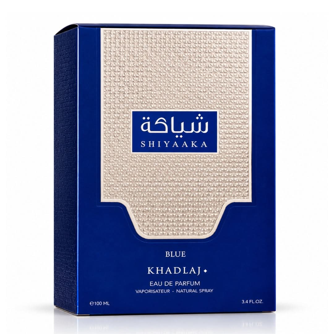 Shiyaaka Blue Eau De Parfum Spray 100ml by Khadlaj, blue fragrance bottle and box
