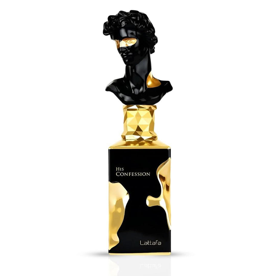 Lattafa His Confession Eau de Parfum spray 100ml bottle, elegant packaging, showcasing the fragrance for men.