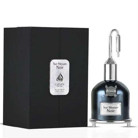 Lattafa Sur Mesure Noir & Sherif Eau de Parfum sprays 100ml bundle, showcasing sleek black and elegant fragrance bottles.