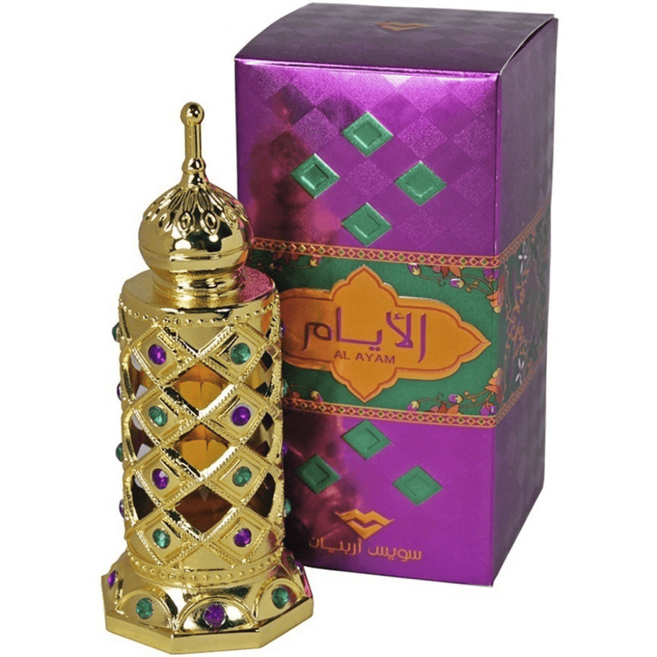 Swiss Arabian Al Ayam perfume oil in 15ml bottle, concentrated CPO with elegant packaging and golden cap.