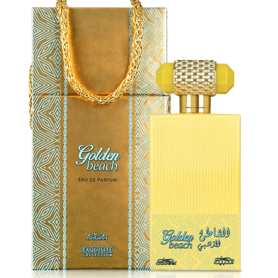 Golden Beach EDP by Nabeel Perfumes, 100ml Eau De Parfum bottle with elegant golden accents and floral design.