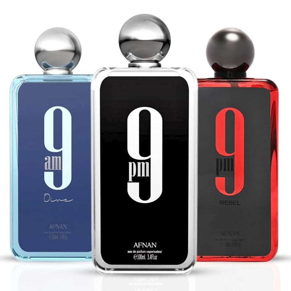 Afnan 9PM Rebel and 9AM Dive Eau de Parfum sprays in 100ml bottles, shown together in a stylish bundle.
