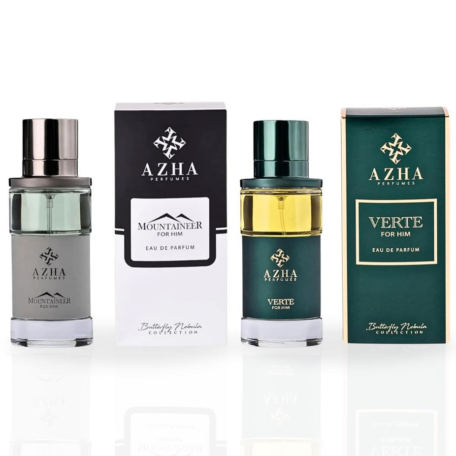 Azha Mountaineer & Verte for Him Eau de Parfum bundle, featuring two 100ml spray bottles with sleek, modern packaging.