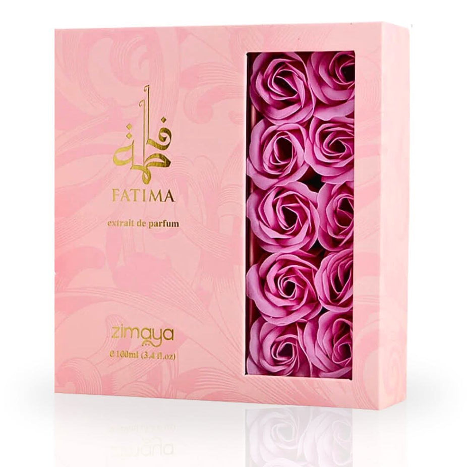 Zimaya Fatima Pink Eau De Parfum spray bottle, 100ml, with elegant pink packaging and floral design.